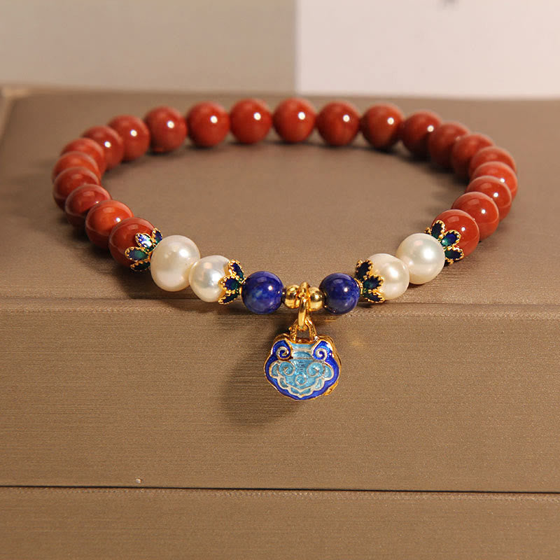 Buddha Stones Natural South Red Agate Pearl Peace Lock Charm Positive Bracelet - South Red Agate Peace Lock(Wrist Circumference: 18cm) - image 0