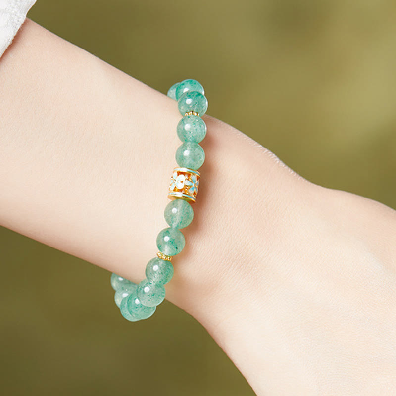 Buddha Stones 925 Sterling Silver Green Strawberry Quartz Flower Calm Bracelet - image 4