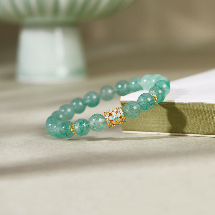 Buddha Stones 925 Sterling Silver Green Strawberry Quartz Flower Calm Bracelet - image 1