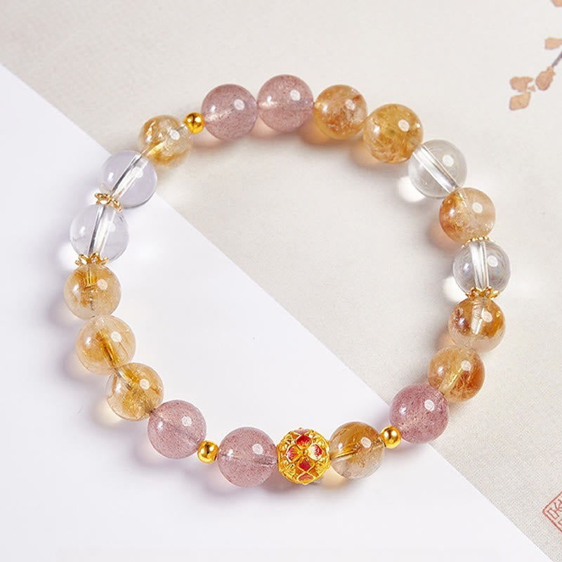 Buddha Stones 999 Sterling Silver Citrine Strawberry Quartz White Crystal Protection Bracelet - image 2