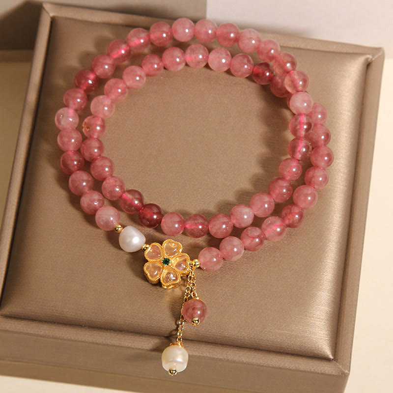 Buddha Stones Strawberry Quartz Four Leaf Clover Double Wrap Design Positive Bracelet - image 7
