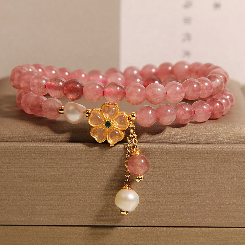 Buddha Stones Strawberry Quartz Four Leaf Clover Double Wrap Design Positive Bracelet - image 2