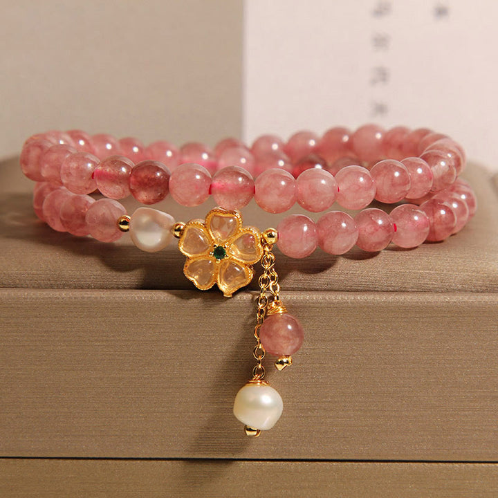Buddha Stones Strawberry Quartz Four Leaf Clover Double Wrap Design Positive Bracelet - image 2