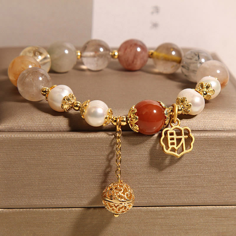 Buddha Stones Natural Rutilated Quartz Pearl Attract Fortune Wealth Bracelet - image 2