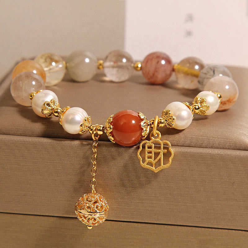 Buddha Stones Natural Rutilated Quartz Pearl Attract Fortune Wealth Bracelet - Rutilated Quartz(Wrist Circumference: 18cm) - image 0