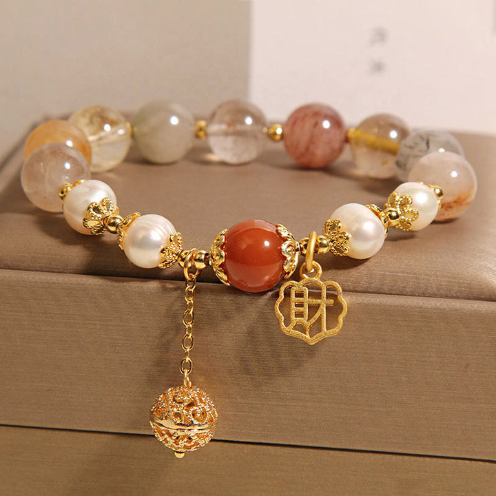 Buddha Stones Natural Rutilated Quartz Pearl Attract Fortune Wealth Bracelet - Rutilated Quartz(Wrist Circumference: 18cm) - image 0