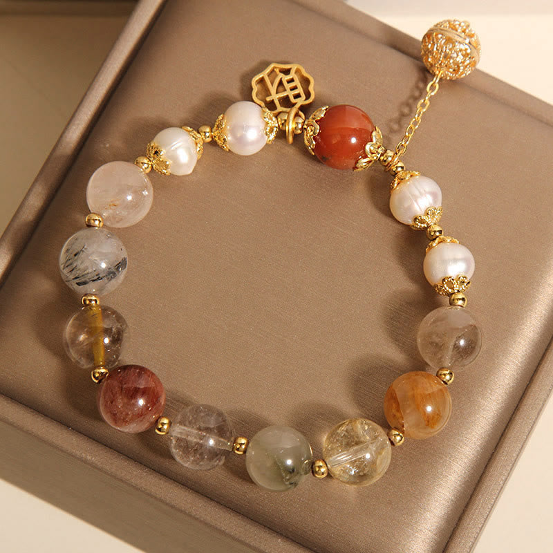 Buddha Stones Natural Rutilated Quartz Pearl Attract Fortune Wealth Bracelet - image 4