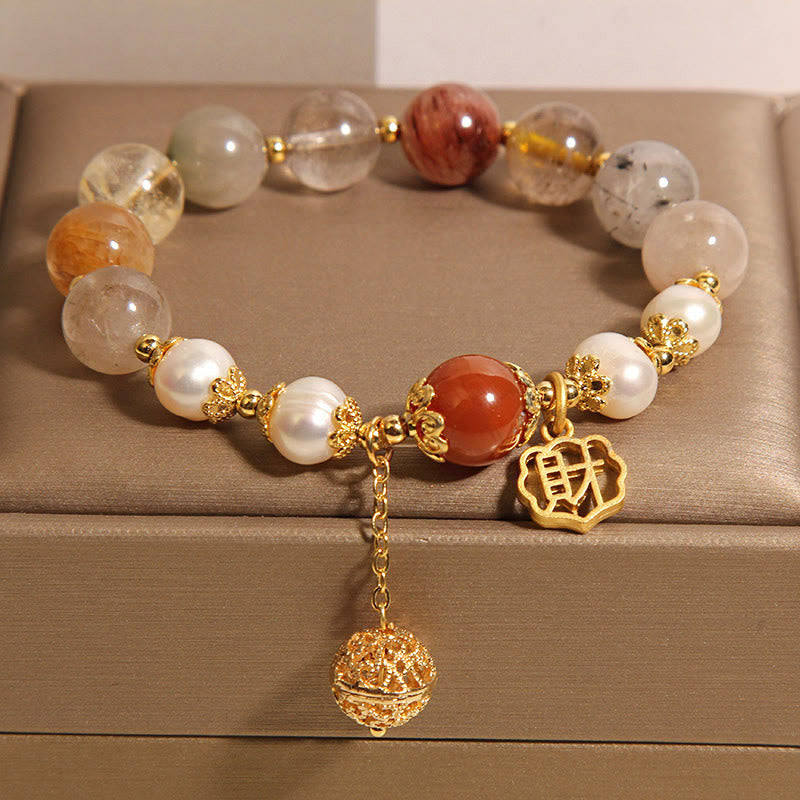 Buddha Stones Natural Rutilated Quartz Pearl Attract Fortune Wealth Bracelet - image 1