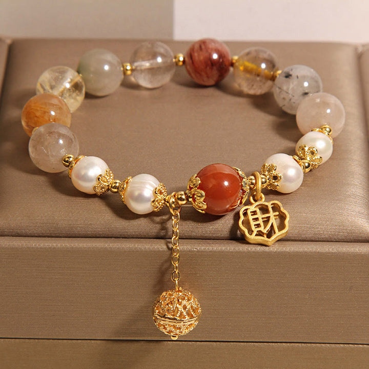 Buddha Stones Natural Rutilated Quartz Pearl Attract Fortune Wealth Bracelet - image 1