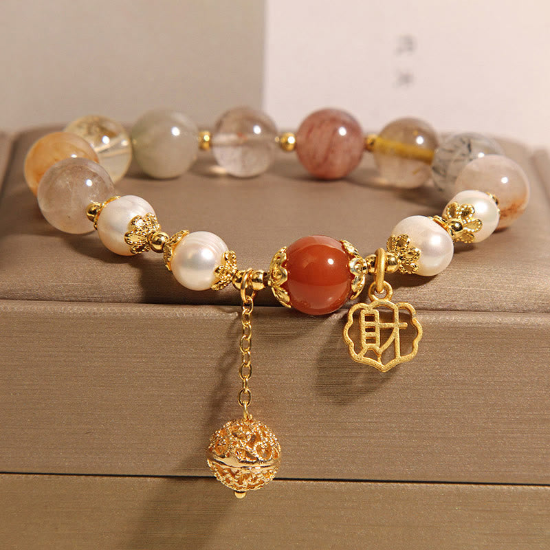 Buddha Stones Natural Rutilated Quartz Pearl Attract Fortune Wealth Bracelet - image 3