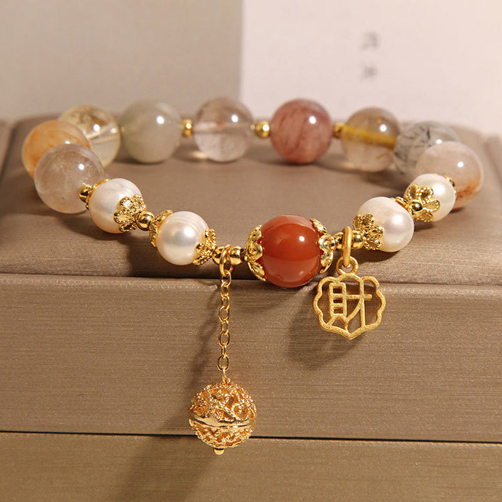 Buddha Stones Natural Rutilated Quartz Pearl Attract Fortune Wealth Bracelet - image 3