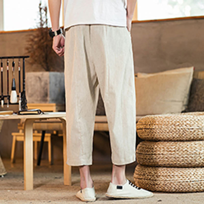 Buddha Stones Casual Solid Color Drawstring Men's Elastic Waistband Cotton Linen Pants With Pockets - image 42