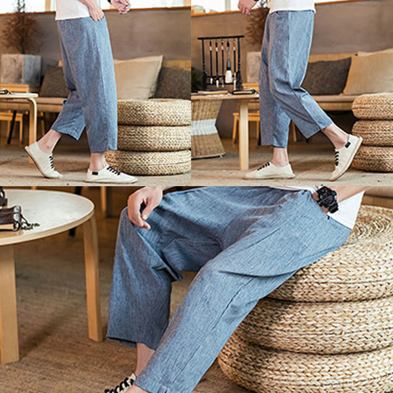 Buddha Stones Casual Solid Color Drawstring Men's Elastic Waistband Cotton Linen Pants With Pockets - image 39