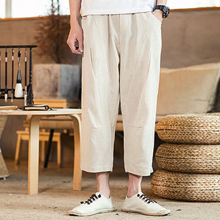 Buddha Stones Casual Solid Color Drawstring Men's Elastic Waistband Cotton Linen Pants With Pockets - image 41