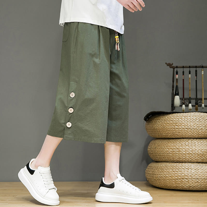 Buddha Stones Casual Plain Side Button Design Drawstring Men's Cotton Cropped Pants With Pockets - image 18