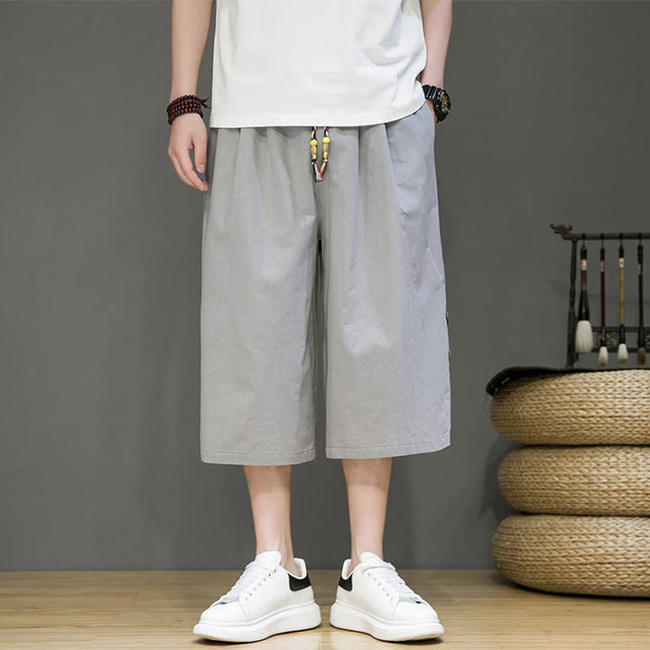 Buddha Stones Casual Plain Side Button Design Drawstring Men's Cotton Cropped Pants With Pockets - LightGrey - US/UK/AU46，EU56 (5XL) - image 29