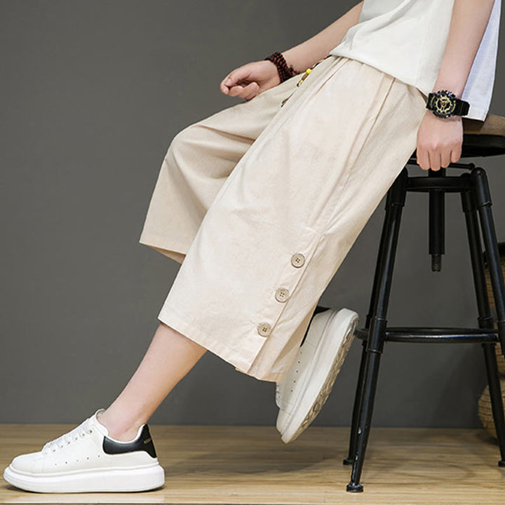 Buddha Stones Casual Plain Side Button Design Drawstring Men's Cotton Cropped Pants With Pockets - image 7