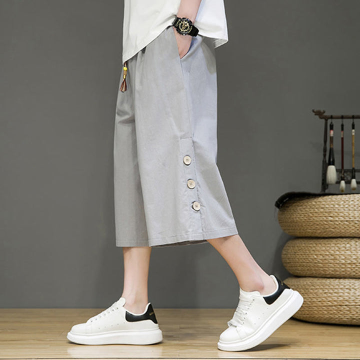 Buddha Stones Casual Plain Side Button Design Drawstring Men's Cotton Cropped Pants With Pockets - image 30