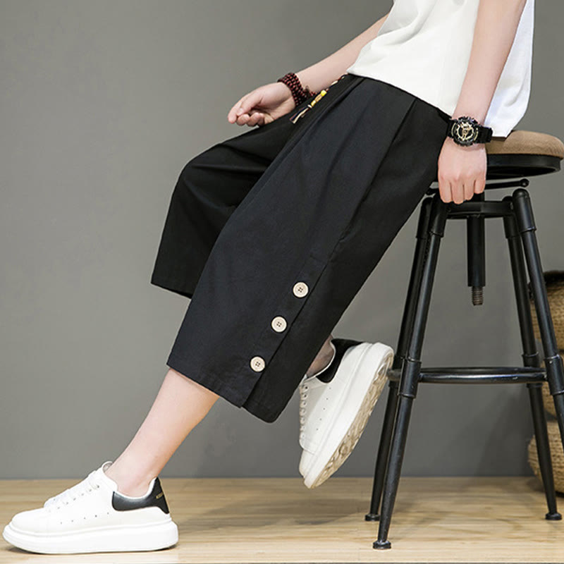 Buddha Stones Casual Plain Side Button Design Drawstring Men's Cotton Cropped Pants With Pockets - image 15