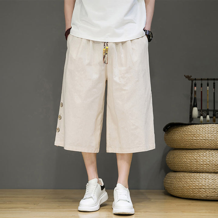 Buddha Stones Casual Plain Side Button Design Drawstring Men's Cotton Cropped Pants With Pockets - Beige - US/UK/AU46，EU56 (5XL) - image 0