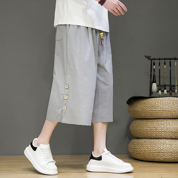 Buddha Stones Casual Plain Side Button Design Drawstring Men's Cotton Cropped Pants With Pockets - image 33
