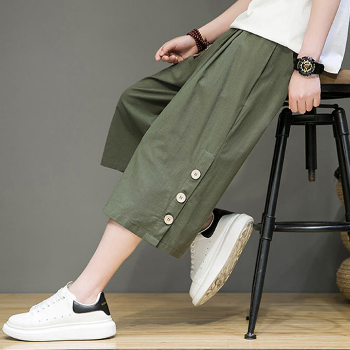 Buddha Stones Casual Plain Side Button Design Drawstring Men's Cotton Cropped Pants With Pockets - image 23