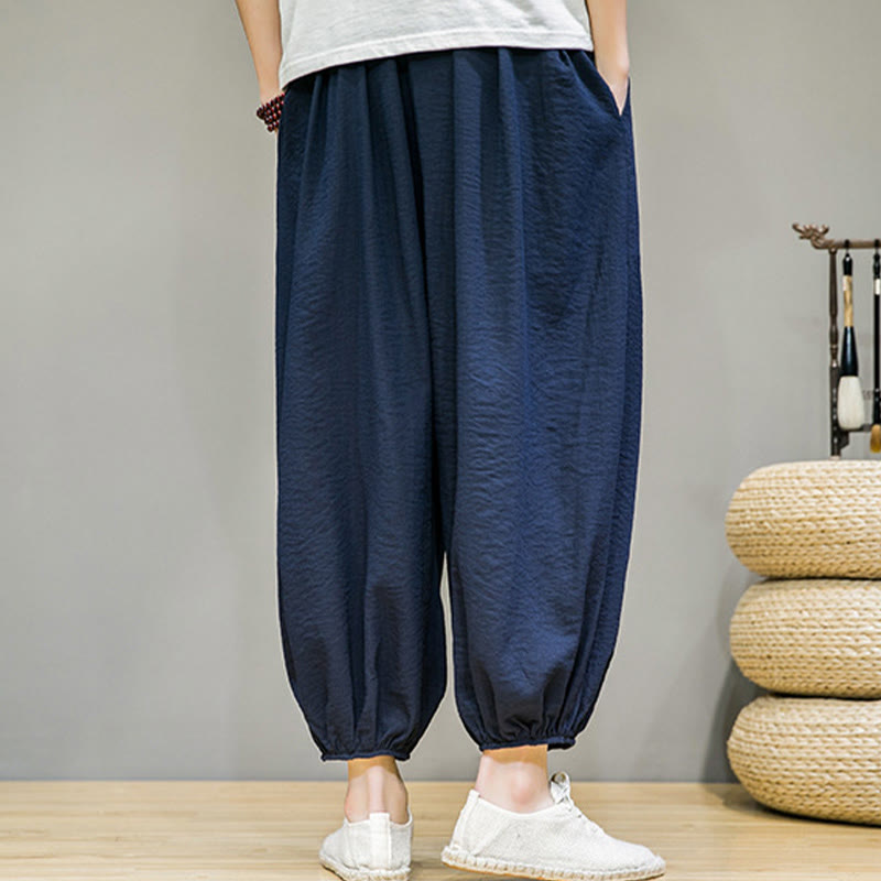 Buddha Stones Summer Plain Drawstring Men's Ankle-Length Cotton Harem Pants With Pockets - image 2