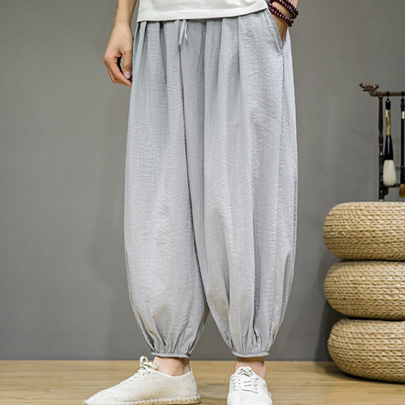 Buddha Stones Summer Plain Drawstring Men's Ankle-Length Cotton Harem Pants With Pockets - image 13
