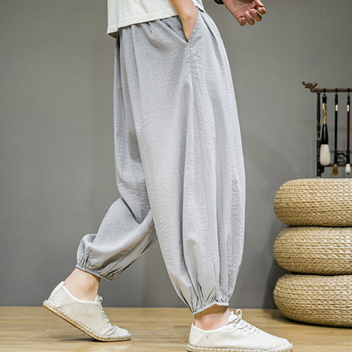 Buddha Stones Summer Plain Drawstring Men's Ankle-Length Cotton Harem Pants With Pockets - image 16