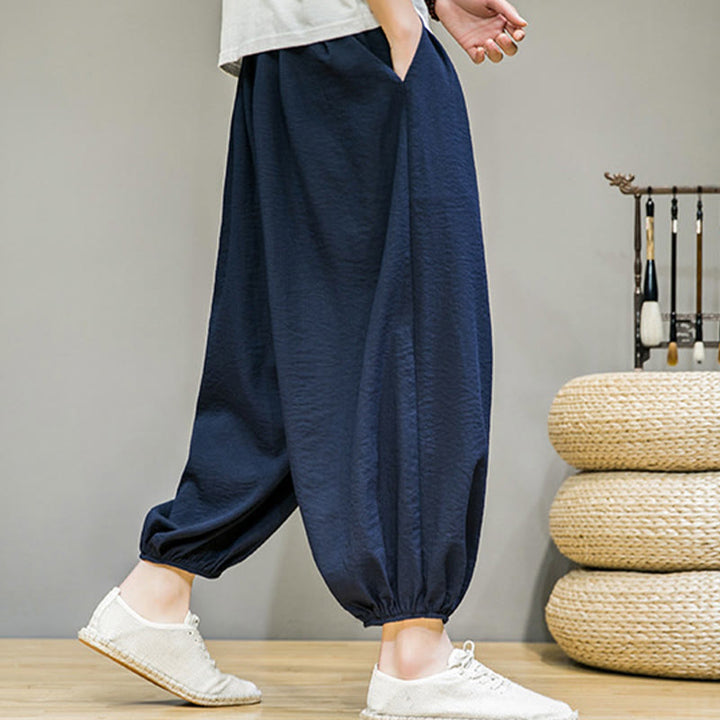 Buddha Stones Summer Plain Drawstring Men's Ankle-Length Cotton Harem Pants With Pockets - image 6