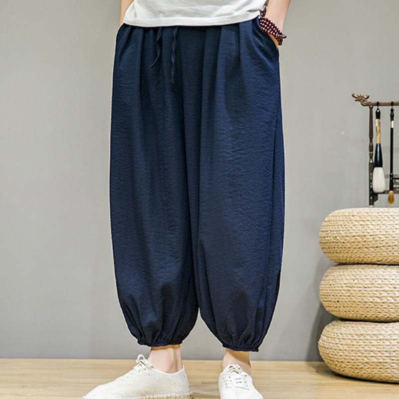 Buddha Stones Summer Plain Drawstring Men's Ankle-Length Cotton Harem Pants With Pockets - image 1