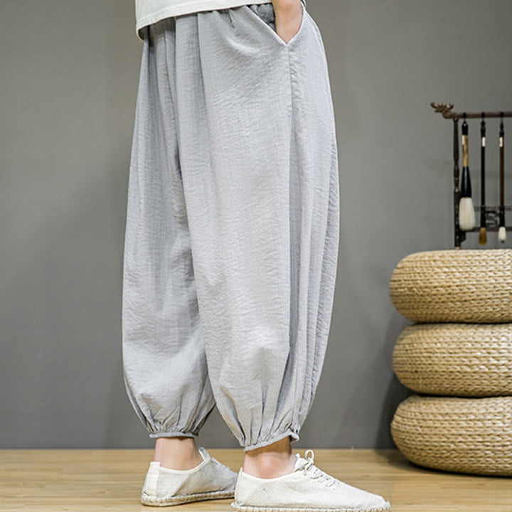 Buddha Stones Summer Plain Drawstring Men's Ankle-Length Cotton Harem Pants With Pockets - image 14