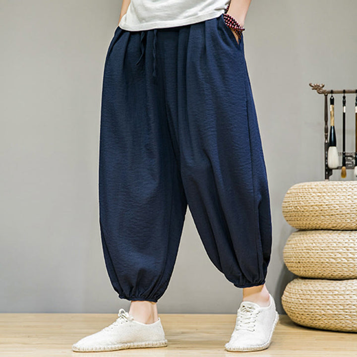 Buddha Stones Summer Plain Drawstring Men's Ankle-Length Harem Pants With Pockets - Navy - US/UK/AU46，EU56 (5XL) - image 0