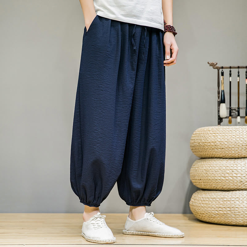 Buddha Stones Summer Plain Drawstring Men's Ankle-Length Cotton Harem Pants With Pockets - image 5