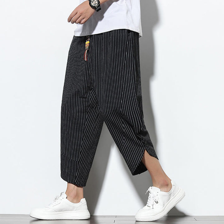 Buddha Stones Summer Stripes Pattern Drawstring Cotton Linen Men's 7-8 Length Harem Pants With Pockets - Black - US/UK/AU46，EU56 (5XL) - image 9