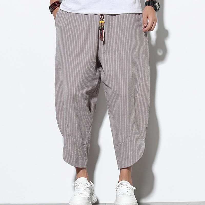 Buddha Stones Summer Stripes Pattern Drawstring Cotton Linen Men's 7-8 Length Harem Pants With Pockets - image 24
