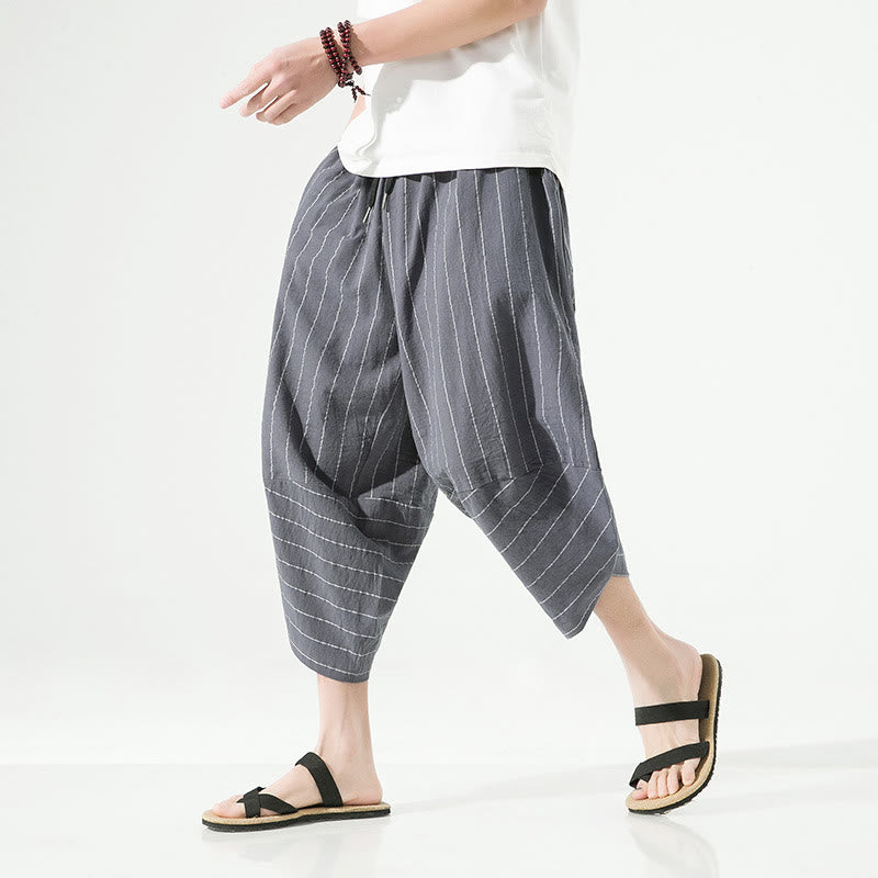 Buddha Stones Casual Plain Stripes Pattern Drawstring Men's 7-8 Length Cotton Linen Harem Pants With Pockets - LightSlateGray - US/UK/AU46，EU56 (5XL) - image 7