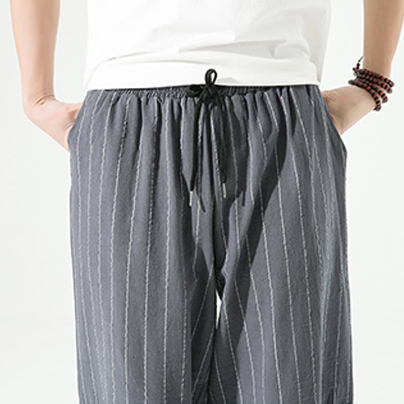 Buddha Stones Casual Plain Stripes Pattern Drawstring Men's 7-8 Length Cotton Linen Harem Pants With Pockets - image 14
