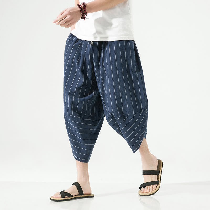 Buddha Stones Casual Plain Stripes Pattern Drawstring Men's 7-8 Length Cotton Linen Harem Pants With Pockets - image 20