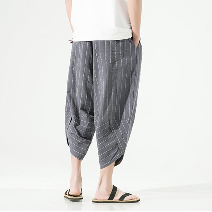 Buddha Stones Casual Plain Stripes Pattern Drawstring Men's 7-8 Length Cotton Linen Harem Pants With Pockets - image 12