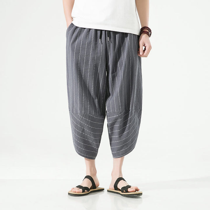 Buddha Stones Casual Plain Stripes Pattern Drawstring Men's 7-8 Length Cotton Linen Harem Pants With Pockets - image 10