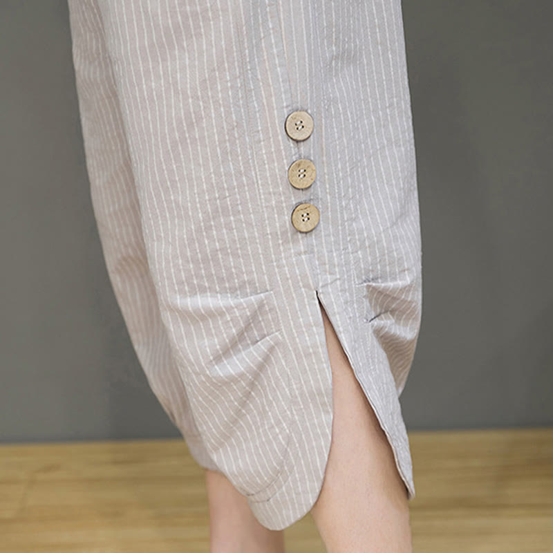 Buddha Stones Casual White Stripes Pattern Drawstring Button Design Men's Cotton Cropped Harem Pants With Pockets - image 10