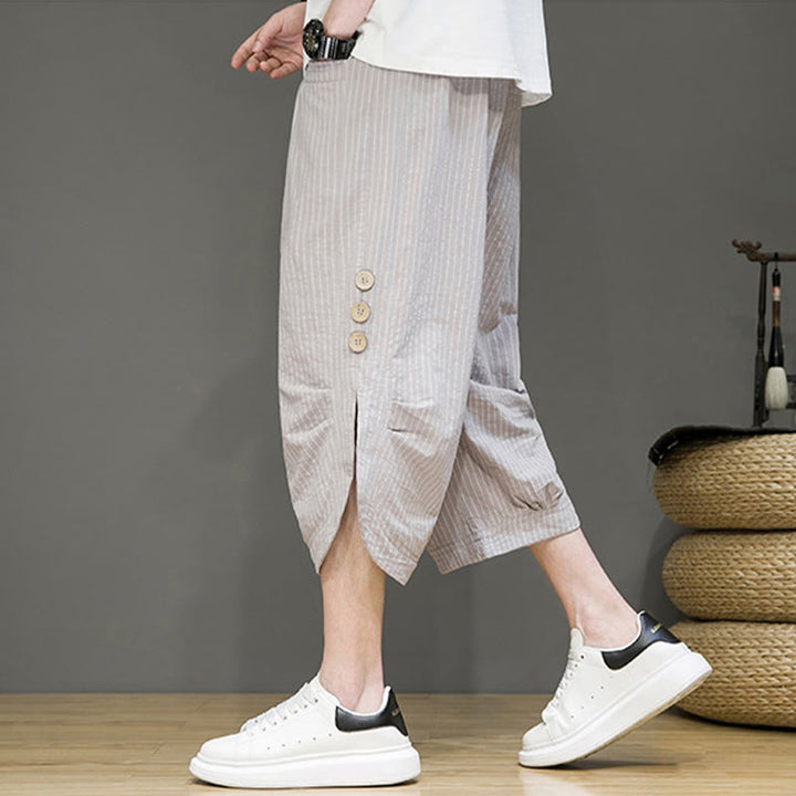 Buddha Stones Casual White Stripes Pattern Drawstring Button Design Men's Cotton Cropped Harem Pants With Pockets - image 4