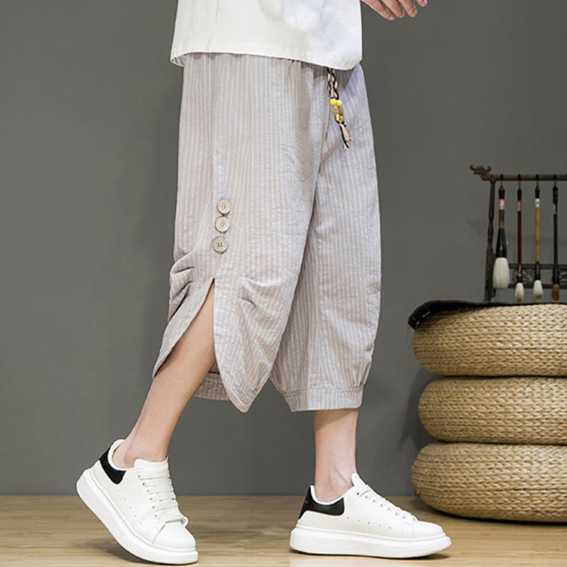 Buddha Stones Casual White Stripes Pattern Drawstring Button Design Men's Cotton Cropped Harem Pants With Pockets - image 3