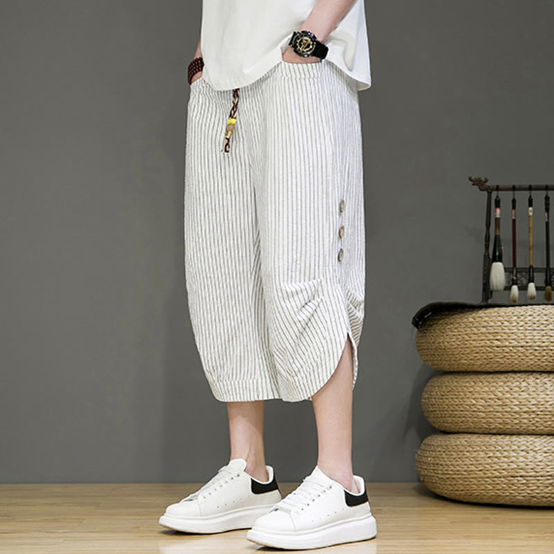 Buddha Stones Casual White Stripes Pattern Drawstring Button Design Men's Cotton Cropped Harem Pants With Pockets - image 20