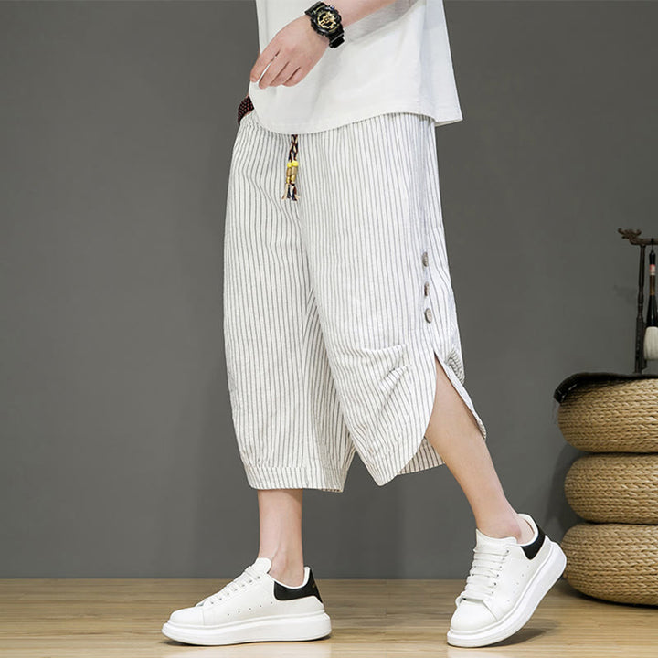 Buddha Stones Casual White Stripes Pattern Drawstring Button Design Men's Cotton Cropped Harem Pants With Pockets - FloralWhite - US/UK/AU46，EU56 (5XL) - image 19