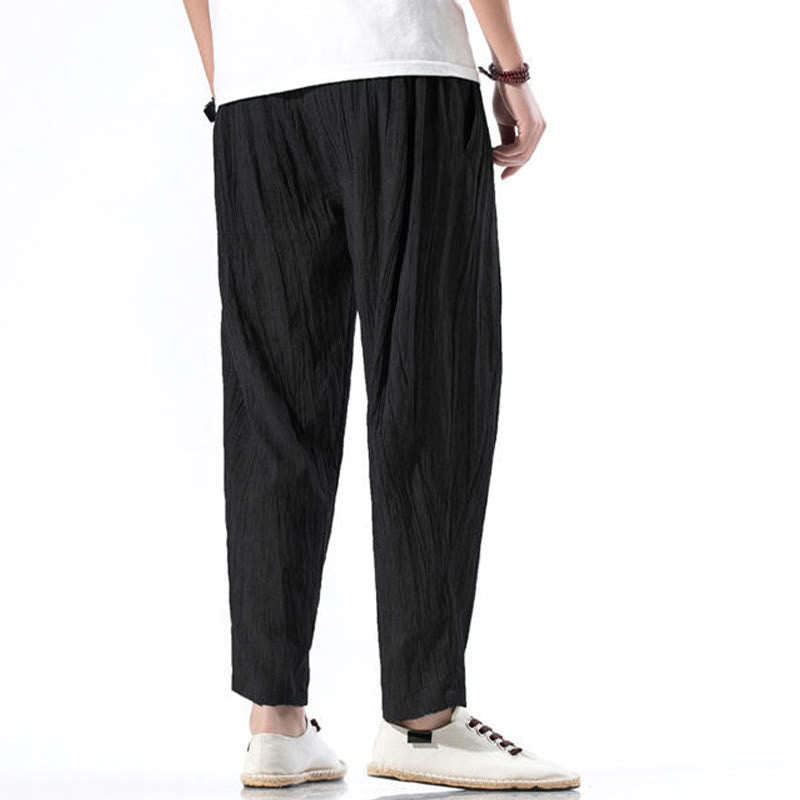 Buddha Stones Casual Plain Pleated Design Drawstring Men's Long Cotton Linen Harem Pants With Pockets - image 26