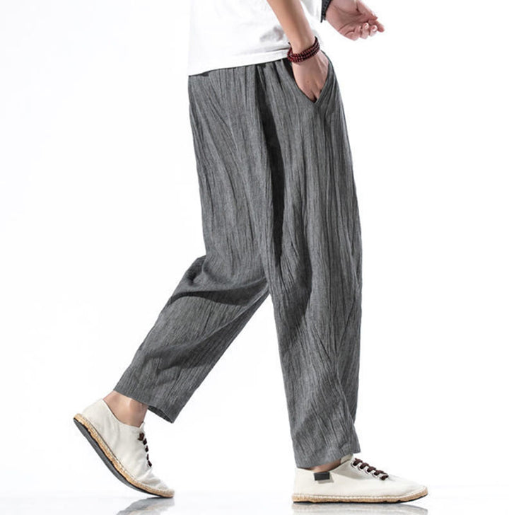 Buddha Stones Casual Plain Pleated Design Drawstring Men's Long Cotton Linen Harem Pants With Pockets - image 6