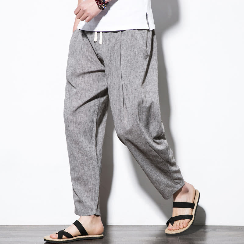 Buddha Stones Casual Plain Pleated Design Drawstring Men's Long Cotton Linen Harem Pants With Pockets - Silver - US/UK/AU46，EU56 (5XL) - image 16