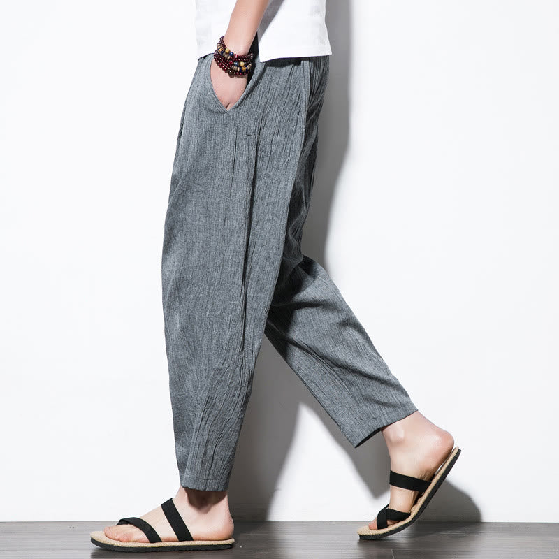 Buddha Stones Casual Plain Pleated Design Drawstring Men's Long Cotton Linen Harem Pants With Pockets - LightSlateGray - US/UK/AU46，EU56 (5XL) - image 4